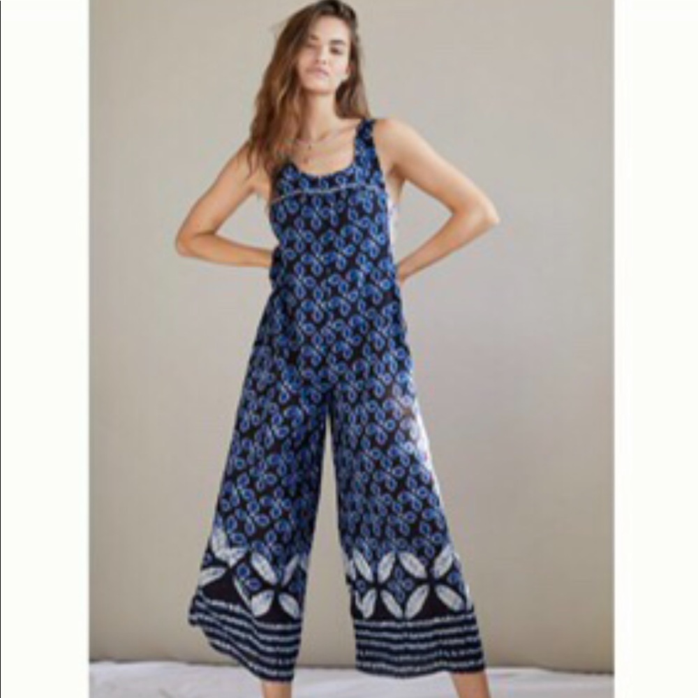 Anthropologie cropped blue jumpsuit